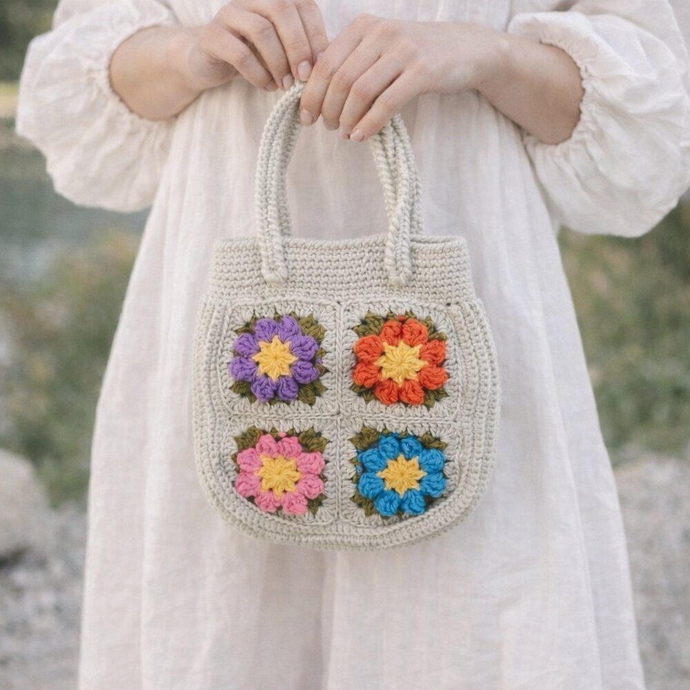 Handmade Crochet Granny Square Popcorn Stitch Floral Mini Handbag | Cottagecore